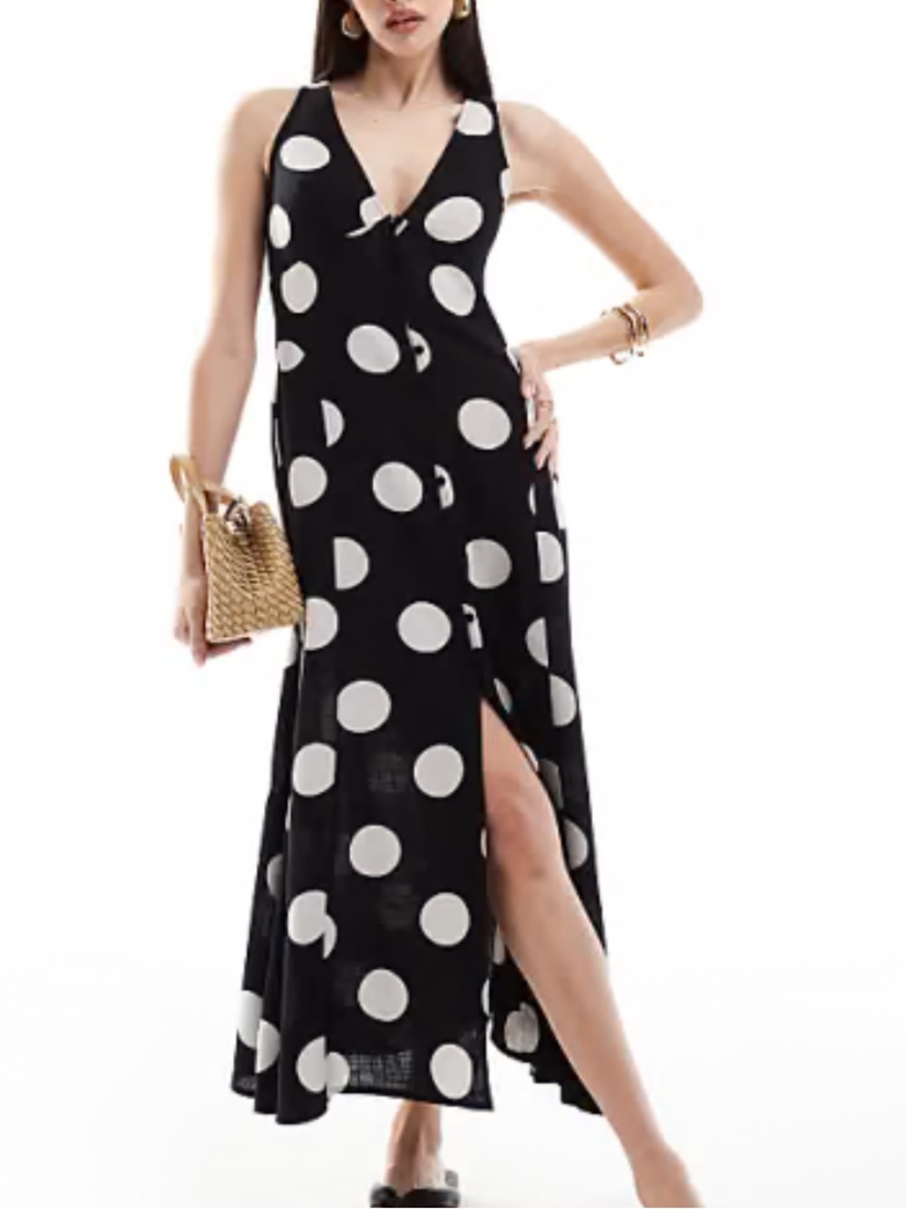 ASOS Polkadot Black & White Button Down Linen Blend Midi Dress SIZE 14